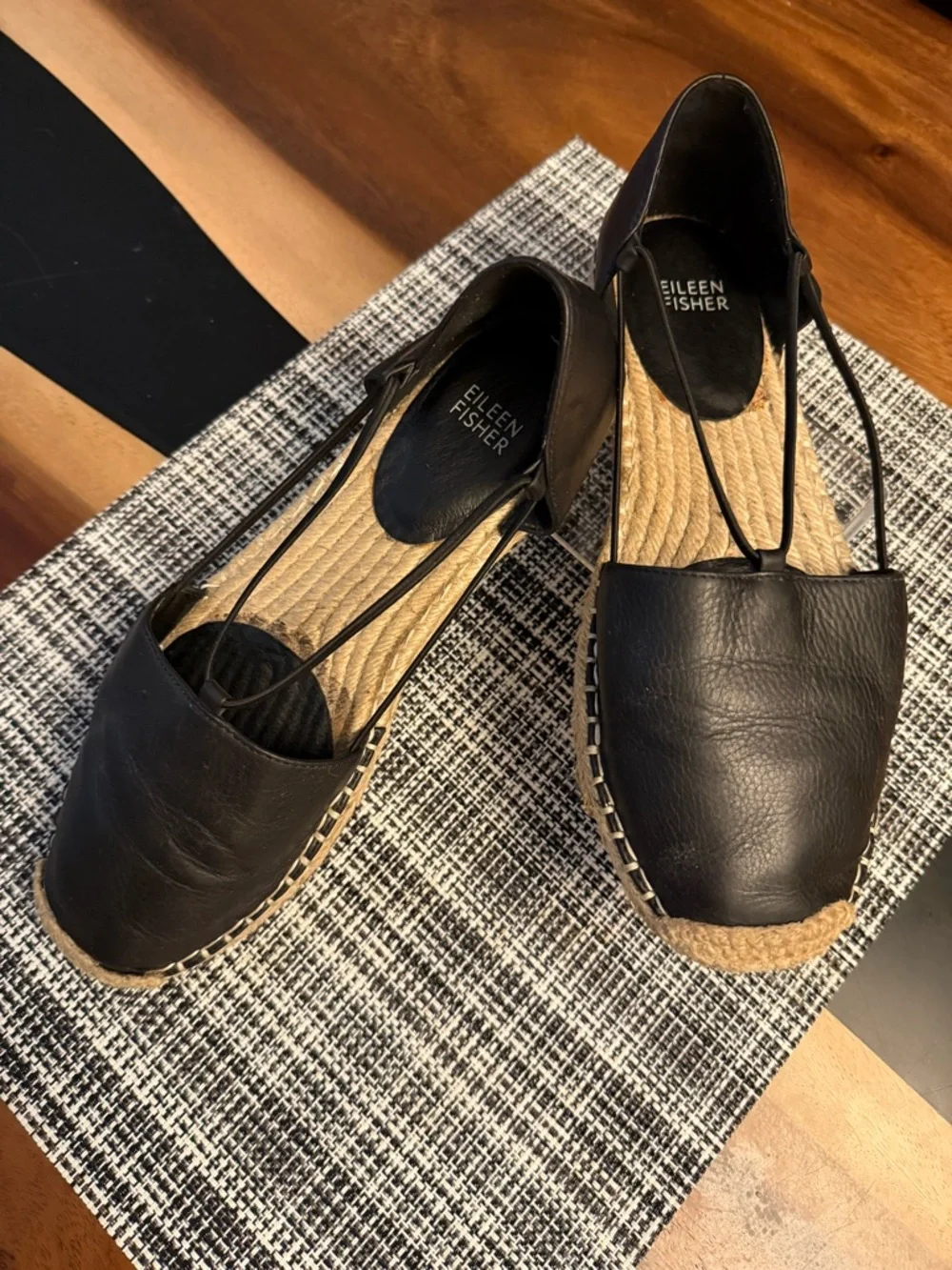 Eileen Fisher Lee Black Leather Espadrille Flats | Size 9 Minimalist Chic